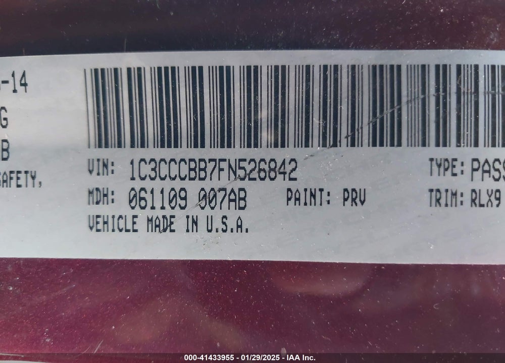 2015 CHRYSLER 200 VIN: 1C3CCCBB7FN526842