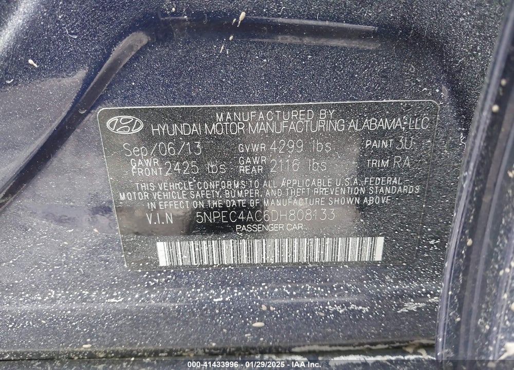 2013 HYUNDAI SONATA VIN: 5NPEC4AC6DH808133