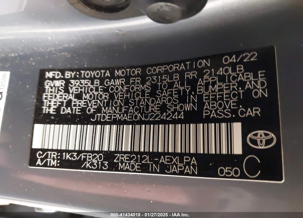 2022 TOYOTA COROLLA LE VIN: JTDEPMAE0NJ224244