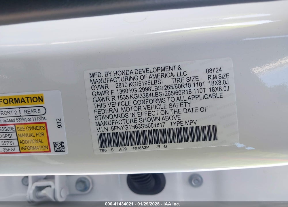 2025 HONDA PILOT TRAILSPORT VIN: 5FNYG1H63SB051817