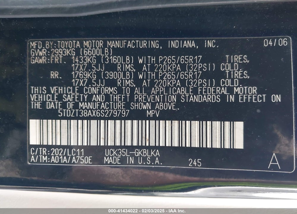 2006 TOYOTA SEQUOIA LIMITED V8 VIN: 5TDZT38AX6S279797
