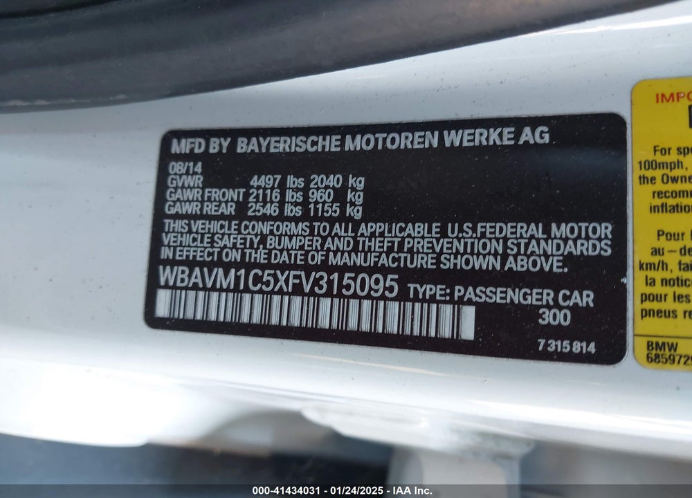 2015 BMW X1 SDRIVE28I VIN: WBAVM1C5XFV315095