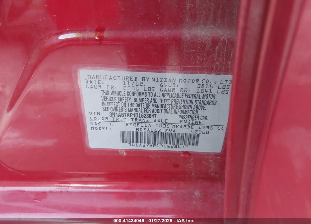 2013 NISSAN SENTRA VIN: 3N1AB7AP1DL628647