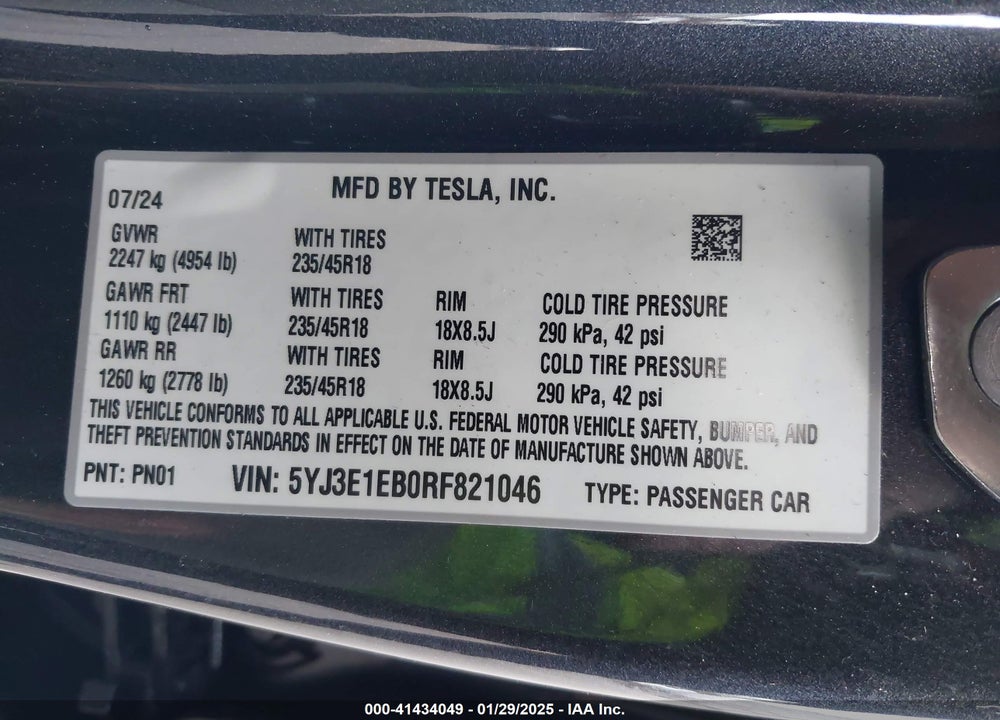 2024 TESLA MODEL 3 LONG RANGE DUAL MOTOR ALL-WHEEL DRIVE VIN: 5YJ3E1EB0RF821046