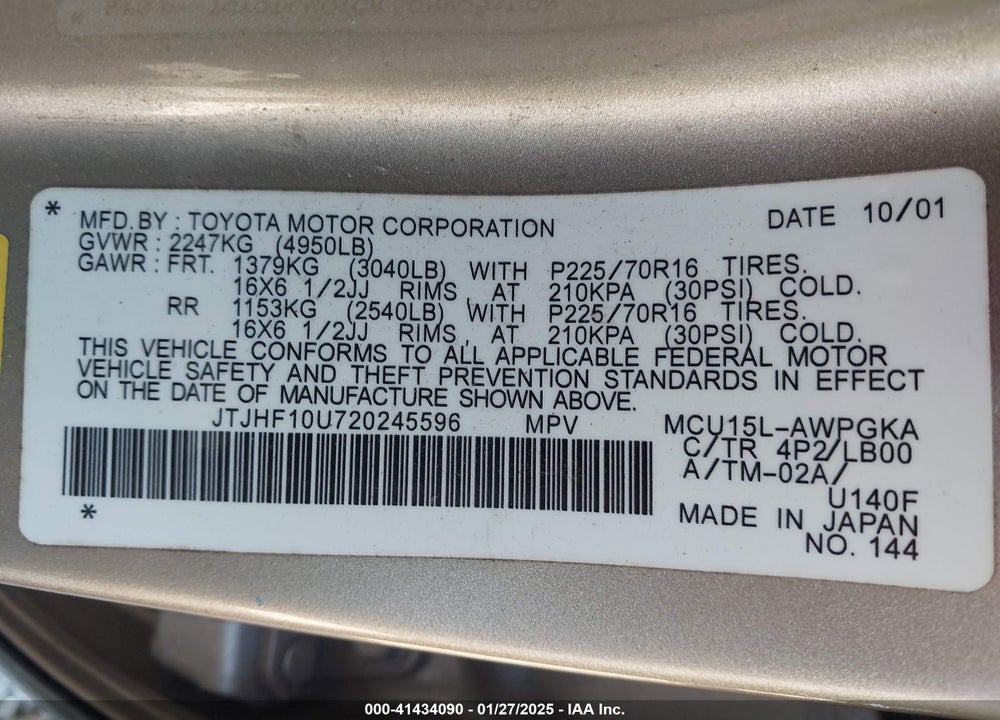 2002 LEXUS RX 300 VIN: JTJHF10U720245596