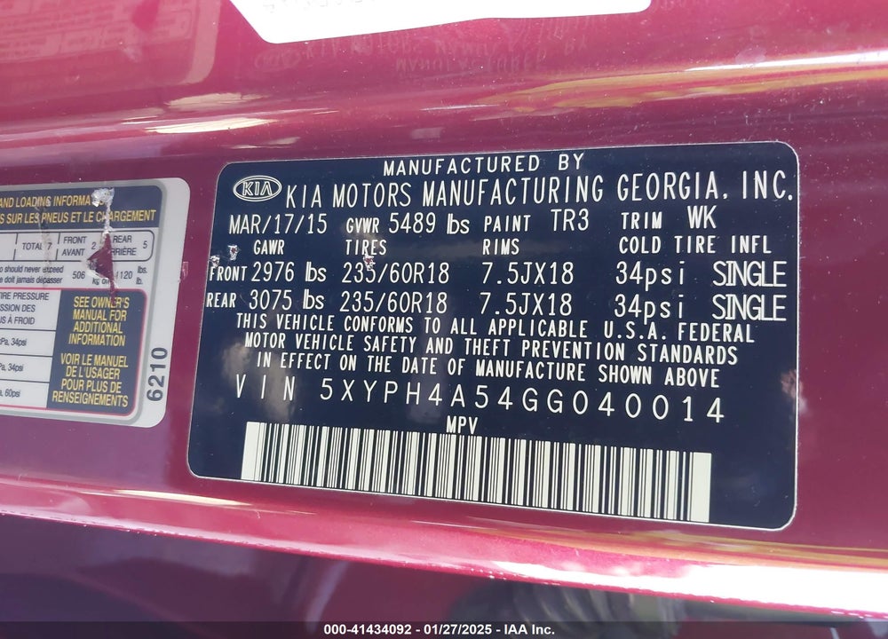 2016 KIA SORENTO 3.3L EX VIN: 5XYPH4A54GG040014