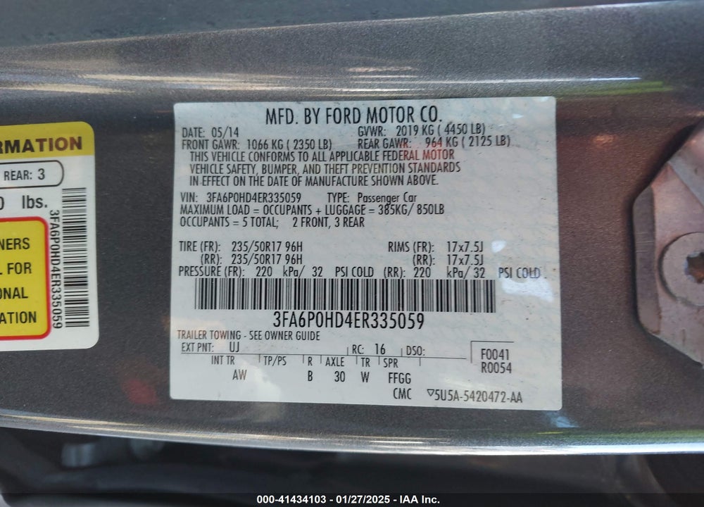 2014 FORD FUSION SE VIN: 3FA6P0HD4ER335059
