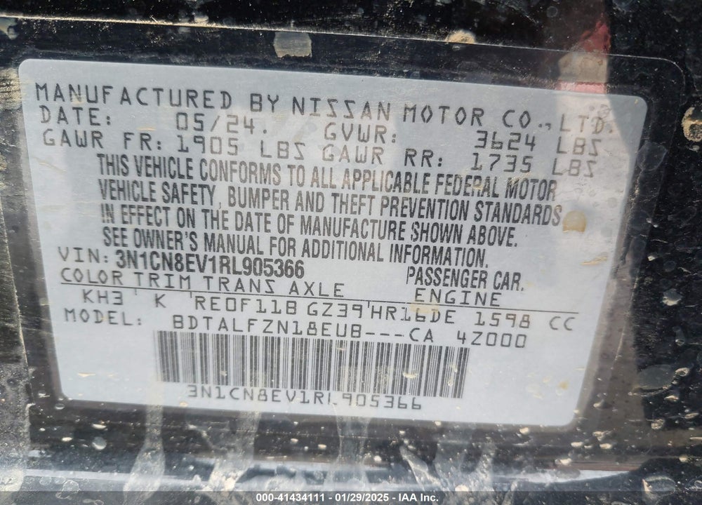 2024 NISSAN VERSA VIN: 3N1CN8EV1RL905366