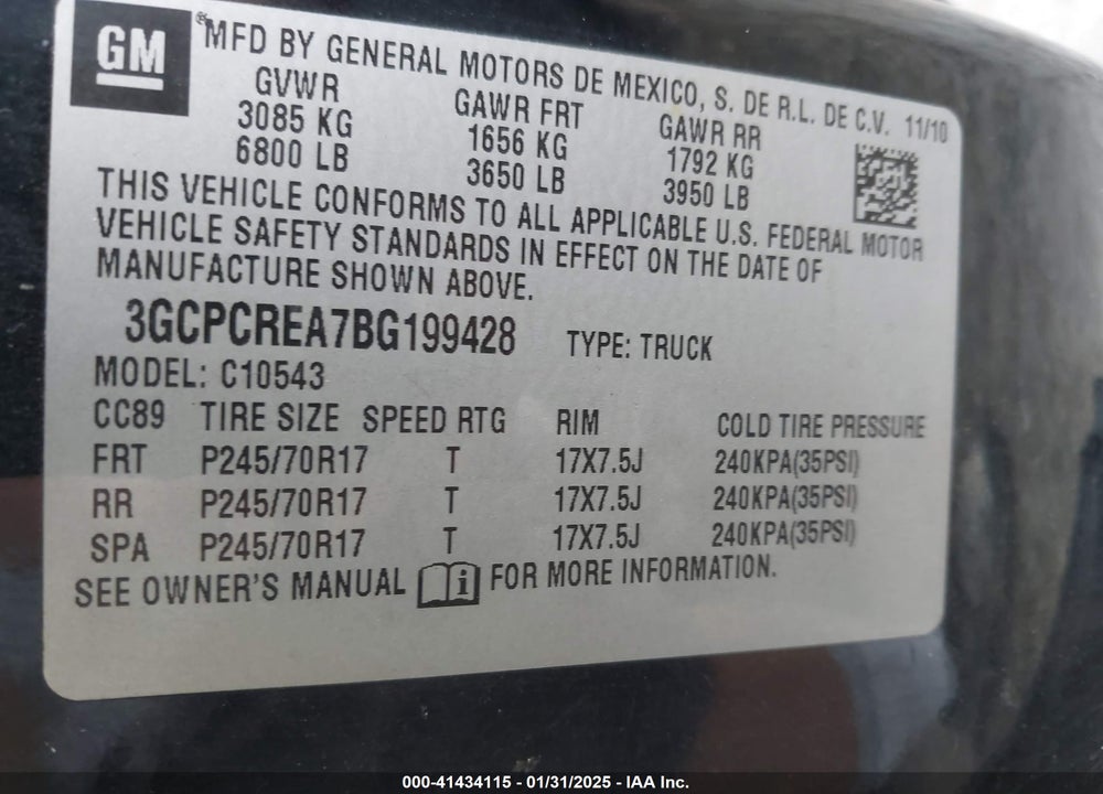 2011 CHEVROLET SILVERADO 1500 VIN: 3GCPCREA7BG199428