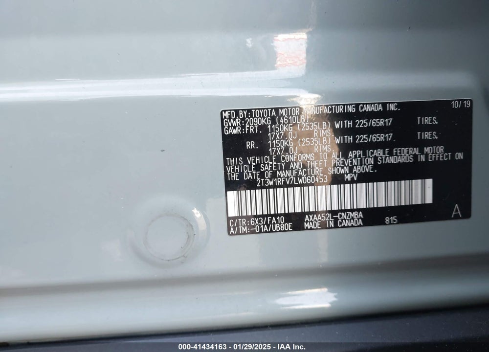2020 TOYOTA RAV4 XLE VIN: 2T3W1RFV7LW060453