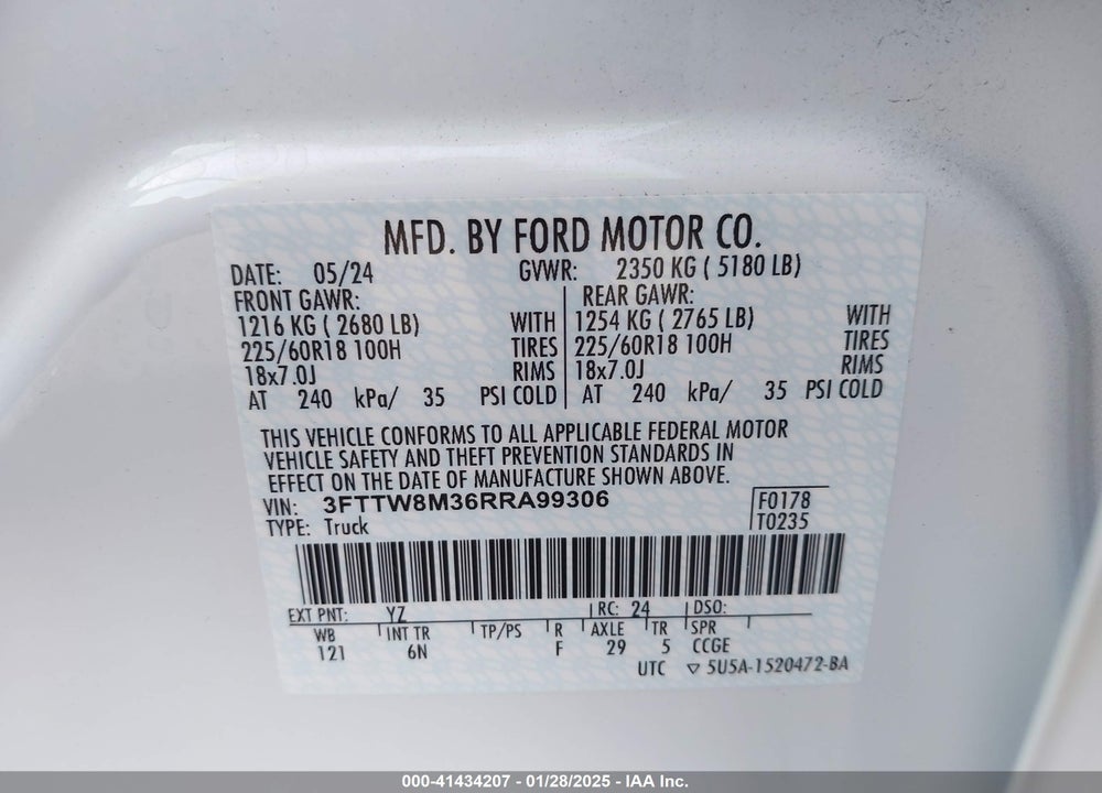 2024 FORD MAVERICK VIN: 3FTTW8M36RRA99306