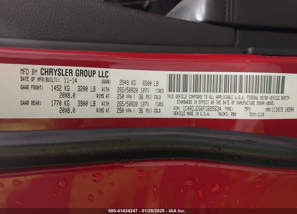 2015 DODGE DURANGO VIN: 1C4RDJDG6FC695634