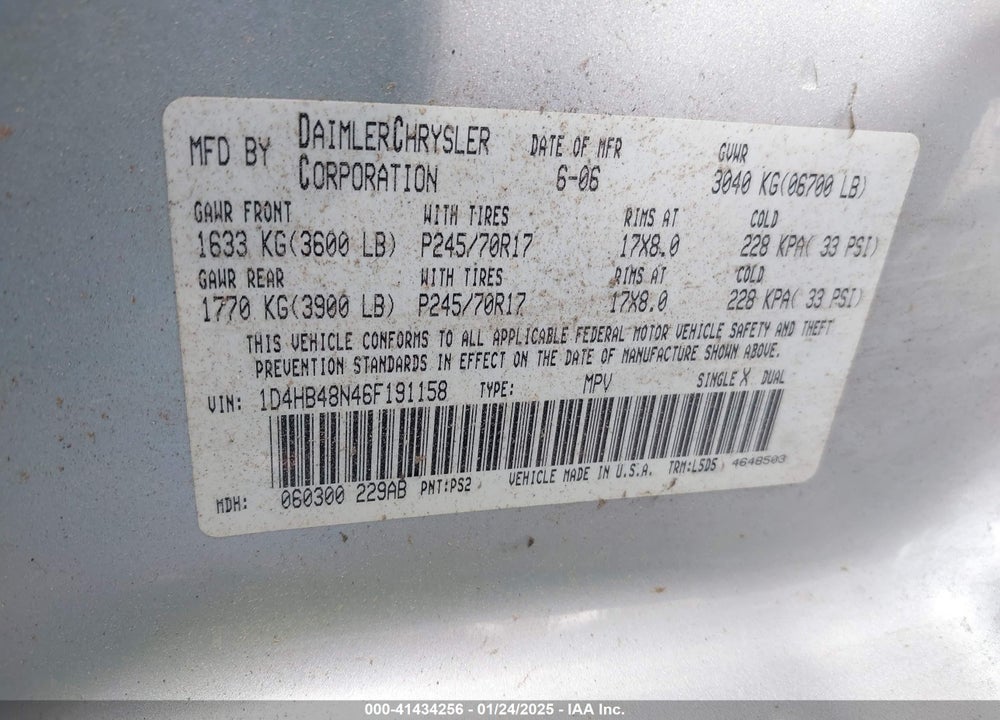 2006 DODGE DURANGO SLT VIN: 1D4HB48N46F191158
