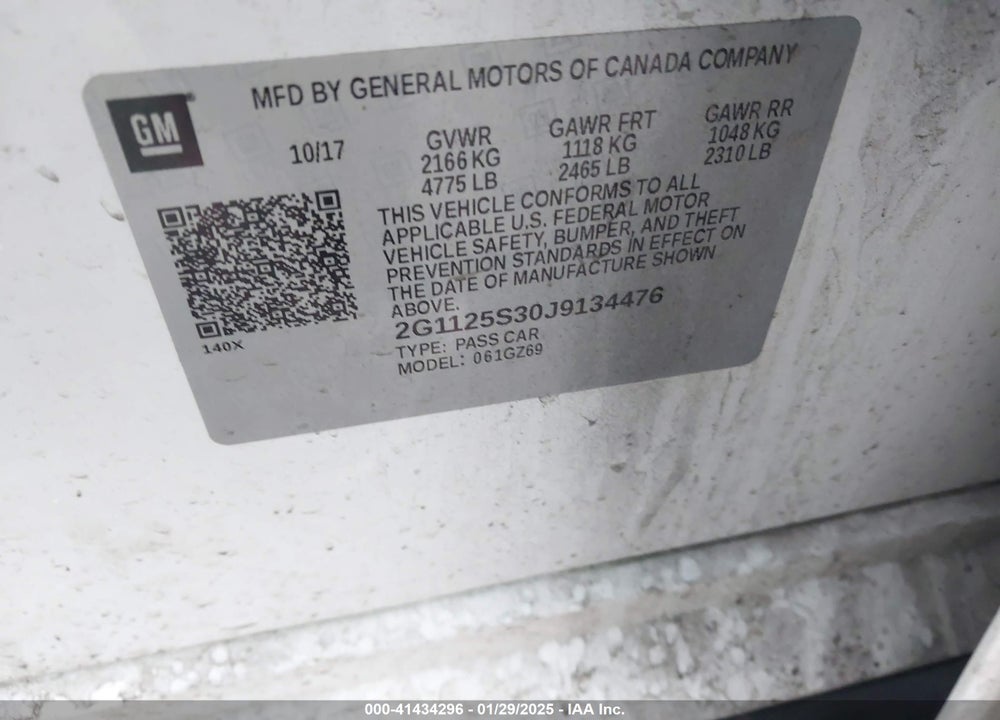 2018 CHEVROLET IMPALA 2LZ VIN: 2G1125S30J9134476