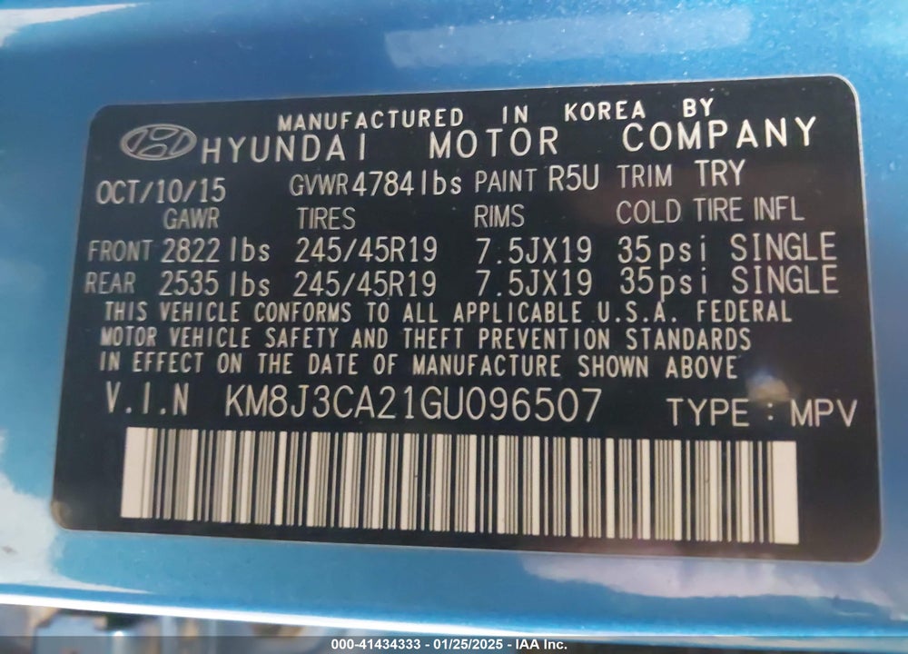 2016 HYUNDAI TUCSON LIMITED VIN: KM8J3CA21GU096507