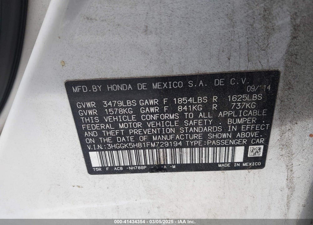 2015 HONDA FIT EX/EX-L VIN: 3HGGK5H81FM729194