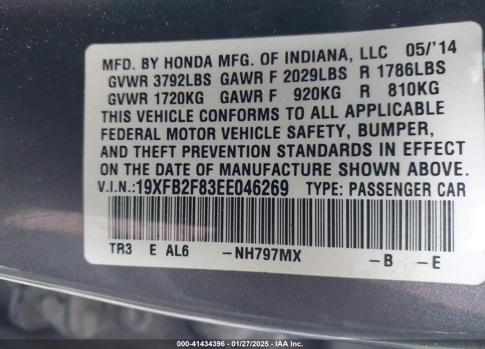 2014 HONDA CIVIC VIN: 19XFB2F83EE046269