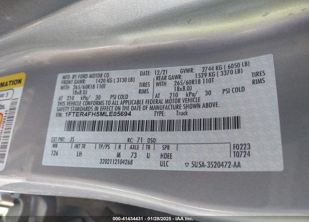 2021 FORD RANGER XLT VIN: 1FTER4FH5MLE05694