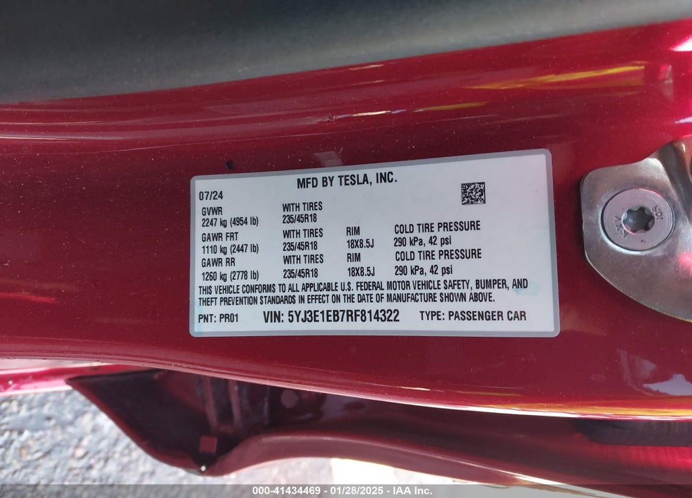 2024 TESLA MODEL 3 VIN: 5YJ3E1EB7RF814322