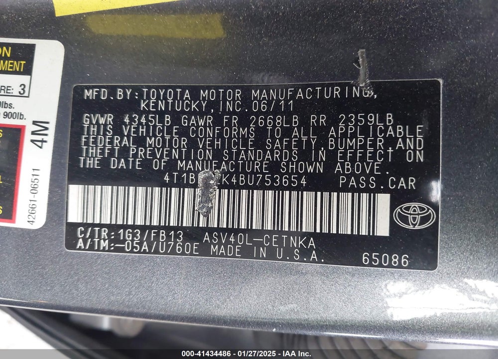 2011 TOYOTA CAMRY LE VIN: 4T1BF3EK4BU753654