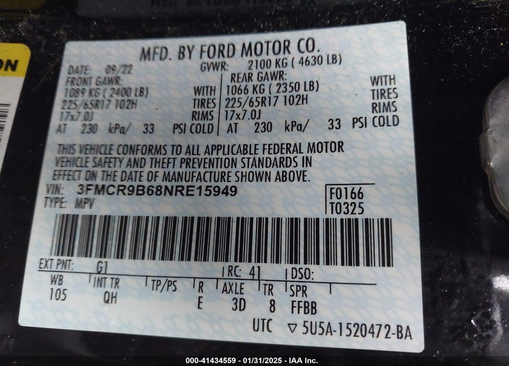 2022 FORD BRONCO SPORT BIG BEND VIN: 3FMCR9B68NRE15949