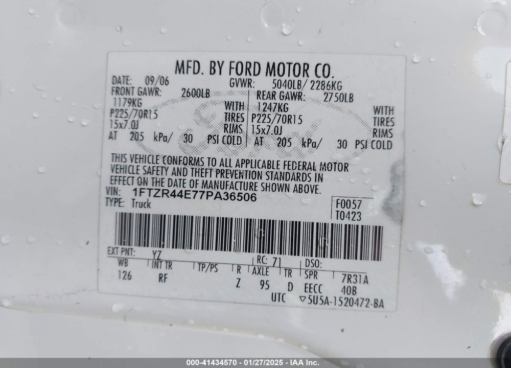 2007 FORD RANGER STX/XLT VIN: 1FTZR44E77PA36506