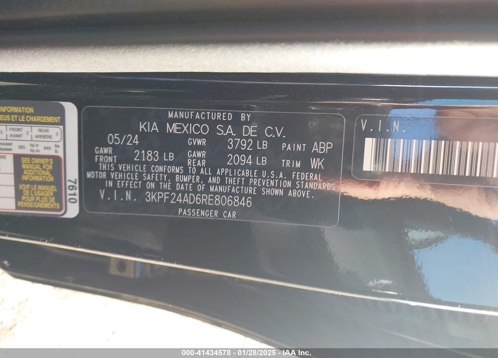 2024 KIA FORTE LXS VIN: 3KPF24AD6RE806846