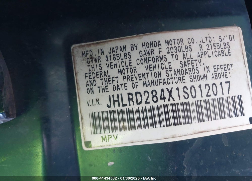 2001 HONDA CR-V LX VIN: JHLRD284X1S012017