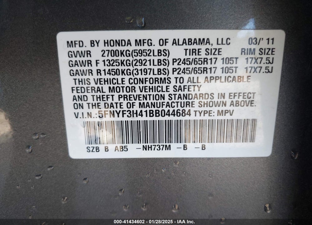 2011 HONDA PILOT VIN: 5FNYF3H41BB044684
