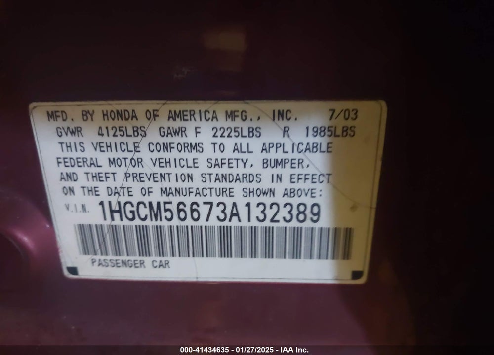 2003 HONDA ACCORD 2.4 EX VIN: 1HGCM56673A132389