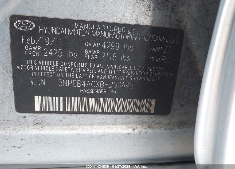 2011 HYUNDAI SONATA VIN: 5NPEB4ACXBH250948