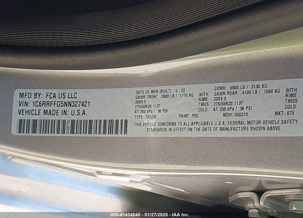 2022 RAM 1500 VIN: 1C6RRFFG5NN327421