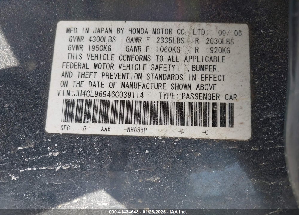 2006 ACURA TSX VIN: JH4CL96946C039114