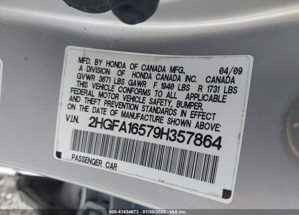 2009 HONDA CIVIC LX VIN: 2HGFA16579H357864