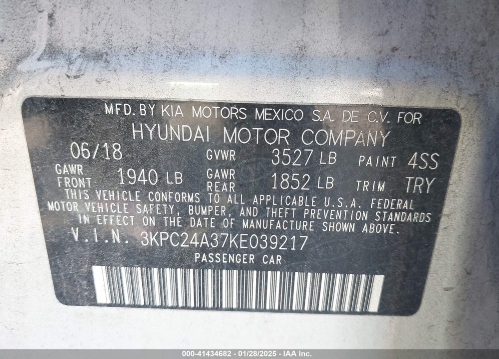 2019 HYUNDAI ACCENT VIN: 3KPC24A37KE039217
