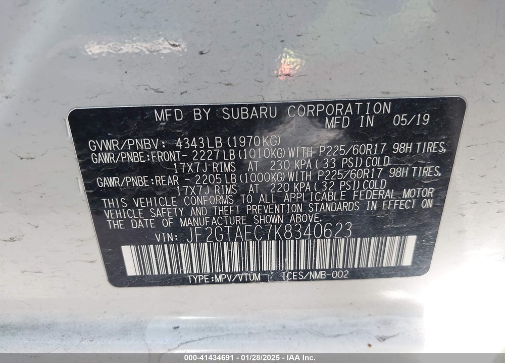 2019 SUBARU CROSSTREK VIN: JF2GTAEC7K8340623