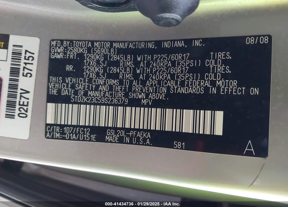 2009 TOYOTA SIENNA LE VIN: 5TDZK23C59S236379