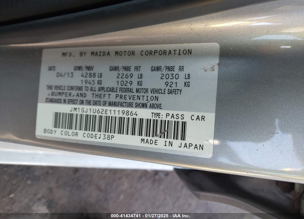 2014 MAZDA MAZDA6 VIN: JM1GJ1U62E1119864