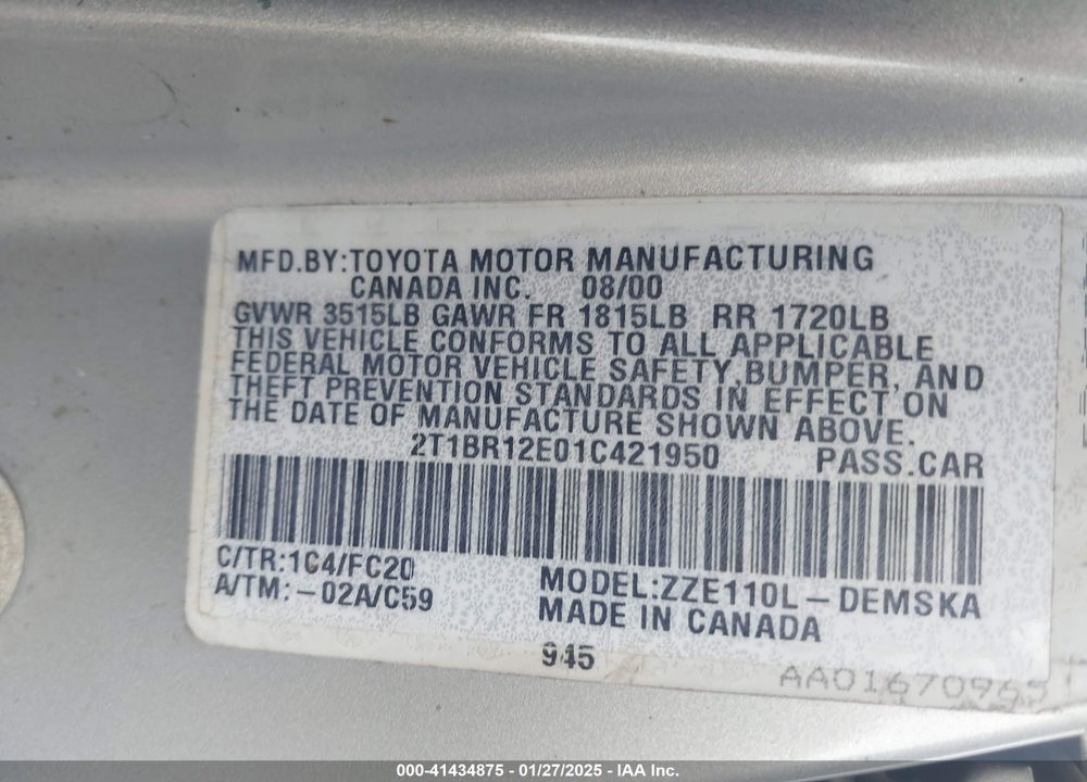 2001 TOYOTA COROLLA S VIN: 2T1BR12E01C421950