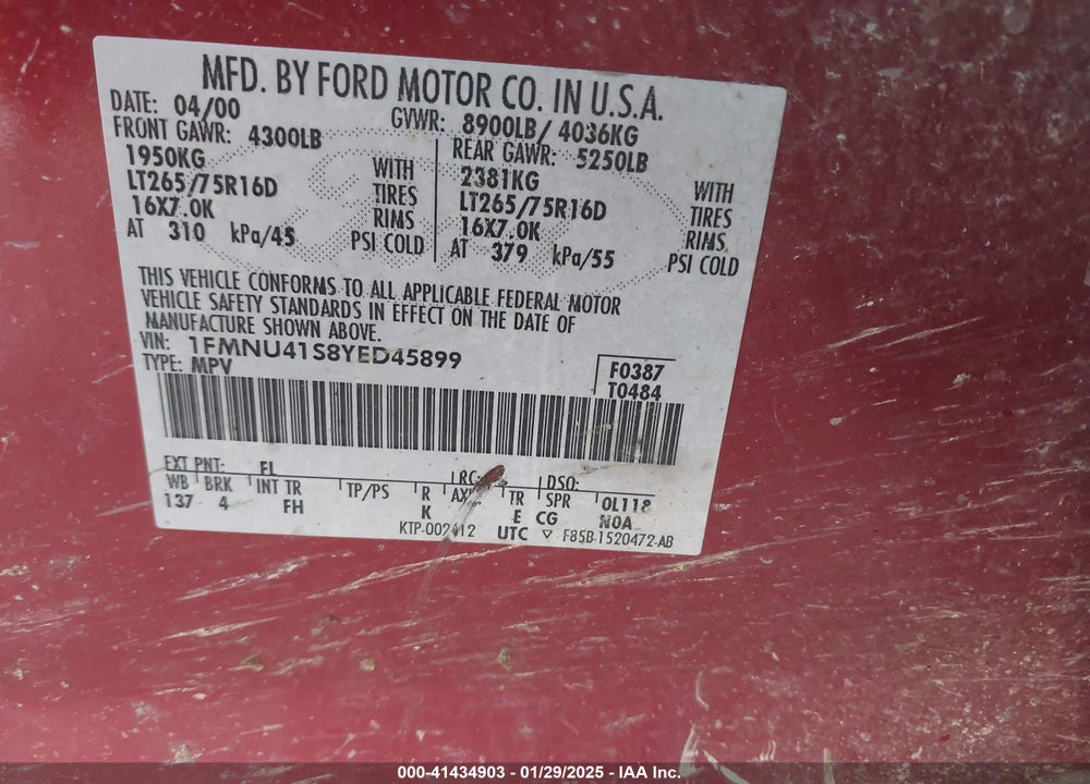 2000 FORD EXCURSION XLT VIN: 1FMNU41S8YED45899