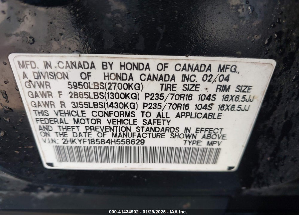2004 HONDA PILOT EX-L VIN: 2HKYF18584H558629