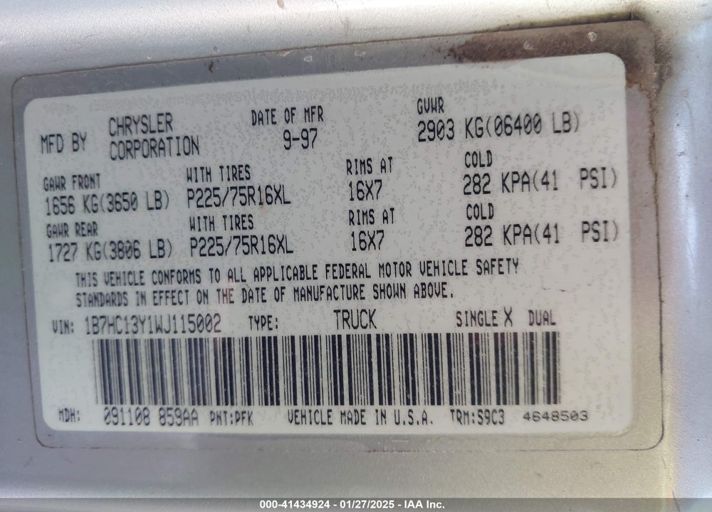 1998 DODGE RAM 1500 ST VIN: 1B7HC13Y1WJ115002