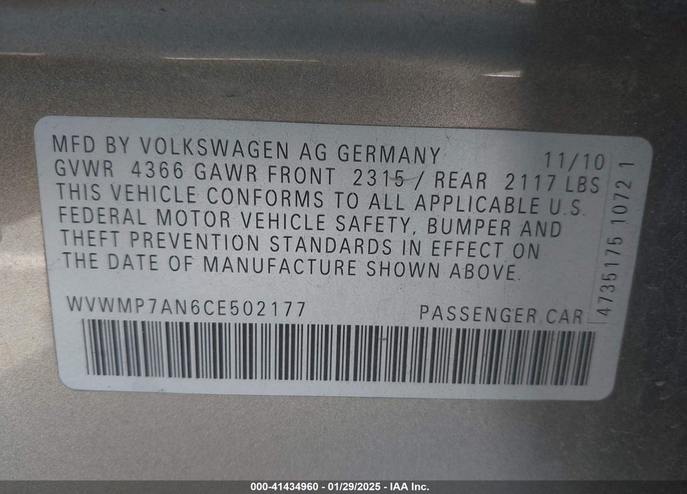 2012 VOLKSWAGEN CC SPORT VIN: WVWMP7AN6CE502177