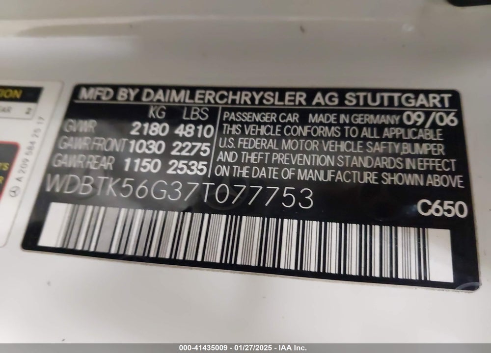 2007 MERCEDES-BENZ CLK 350 VIN: WDBTK56G37T077753