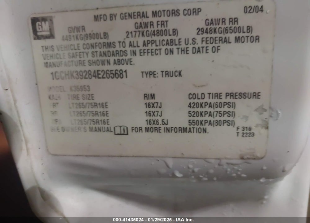 2004 CHEVROLET SILVERADO 3500 LS VIN: 1GCHK39284E265681