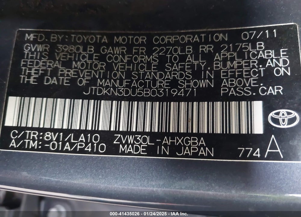 2011 TOYOTA PRIUS VIN: JTDKN3DU5B0319471