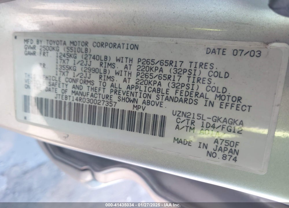2003 TOYOTA 4RUNNER SR5 V8 VIN: JTEBT14R030027357