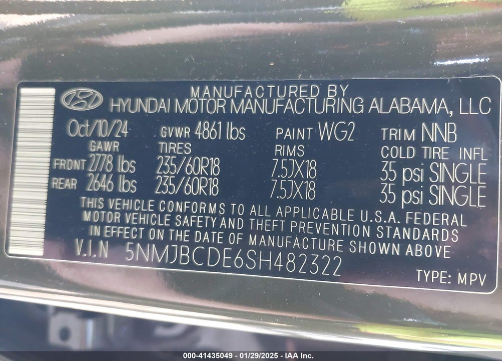 2025 HYUNDAI TUCSON SEL VIN: 5NMJBCDE6SH482322