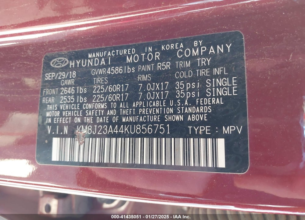 2019 HYUNDAI TUCSON SE VIN: KM8J23A44KU856751