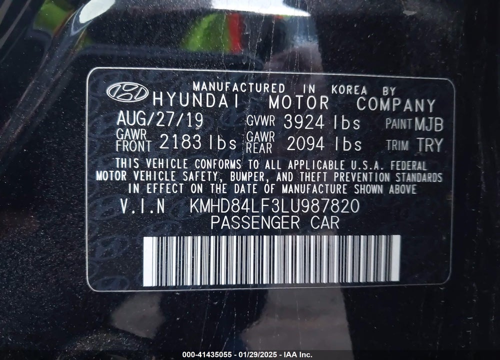 2020 HYUNDAI ELANTRA SEL VIN: KMHD84LF3LU987820
